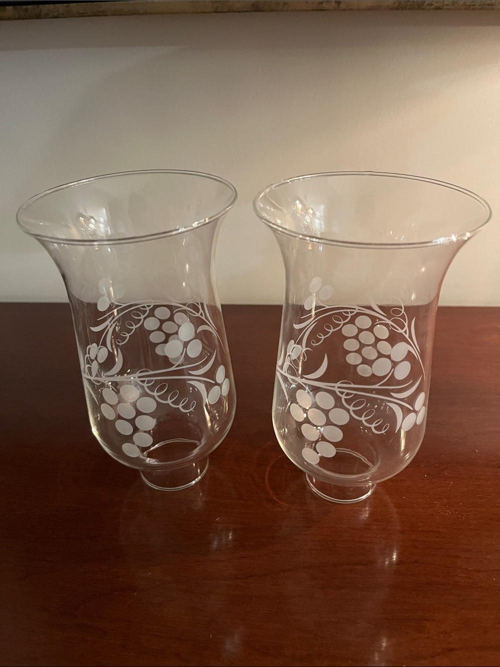 Set of 2 Vintage  Grape Etched Glass Hurricane Lamp Shades.